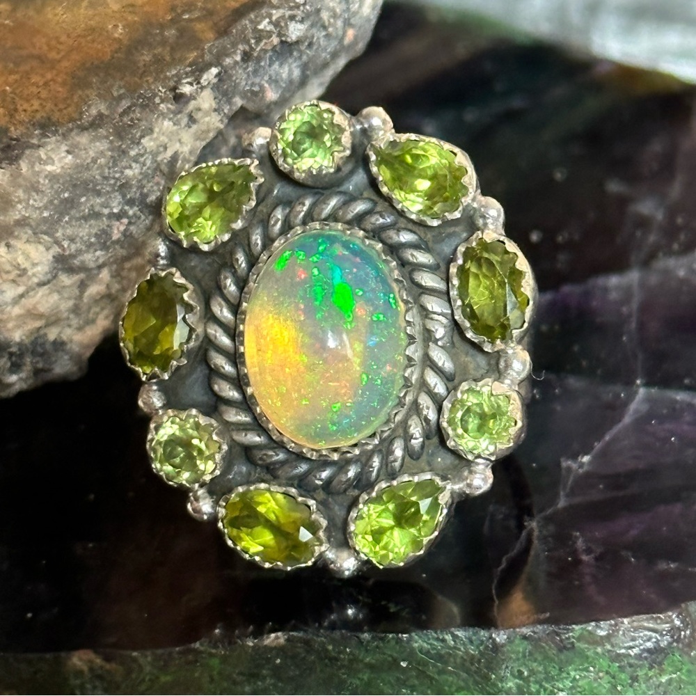 Opal Peridot Statement Sterling Silver Adjustable… - image 1